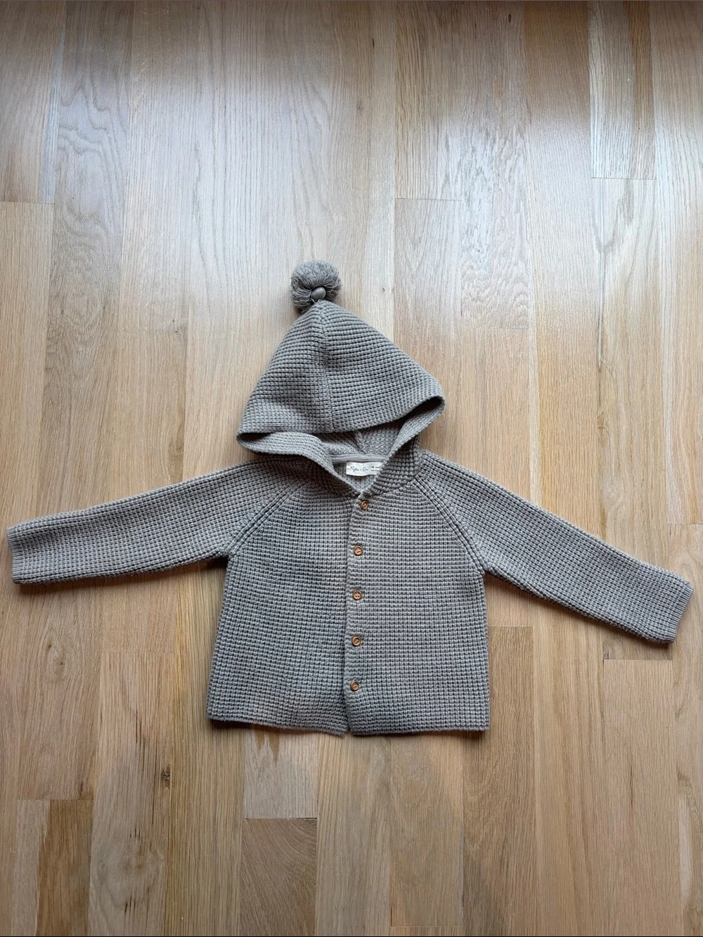 Rylee + Cru Taupe Knit Hooded Cardigan with Pom Pom